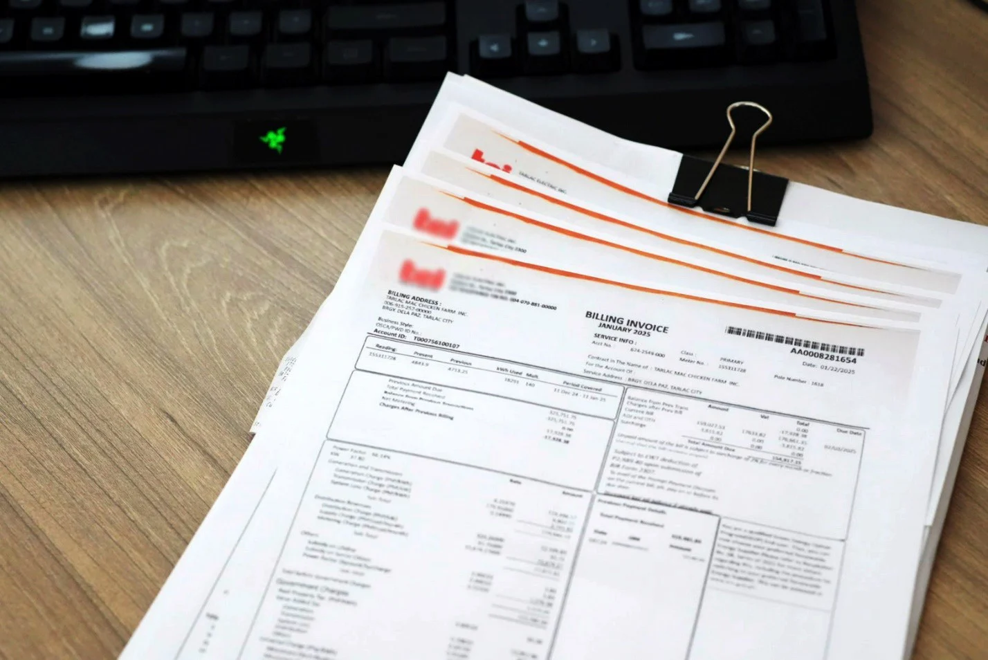 Poultry Farm Solar Case Study (Tarlac): 100 kWp, Audited Savings 3 Bill stack with utility name/account masked