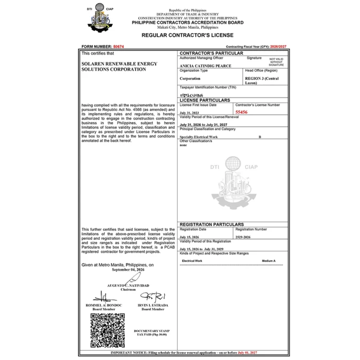 SOLAREN PCAB LICENSE 2026-2027